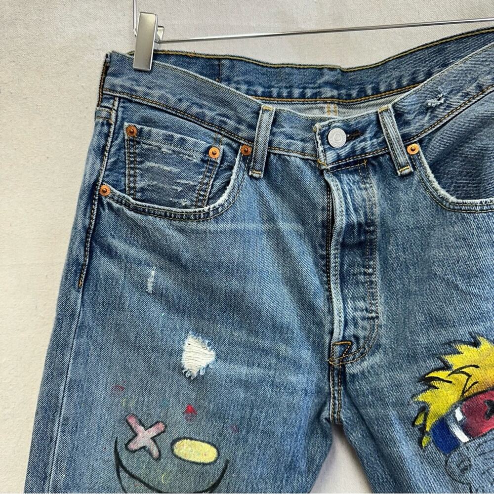 Levi's 501 custom hand painted cartoon graffiti high waist jeans size 32x30 - Picture 10 of 16